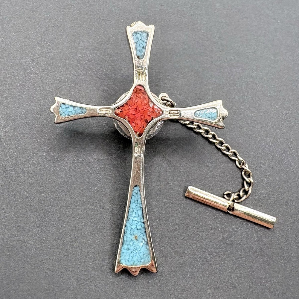 Vintage Southwestern Style Cross Tie Tack Turquoise & Red Coral Silver Tone